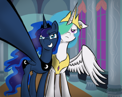 Size: 2988x2364 | Tagged: safe, artist:oinktweetstudios, princess celestia, princess luna, alicorn, pony, duo, eclipse, selfie