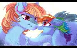 Size: 900x561 | Tagged: safe, artist:castaspellliana, derpibooru import, rainbow dash, windy whistles, pegasus, pony, chest fluff, duo, eye contact, female, filly, filly rainbow dash, freckles, looking at each other, mare, mother and child, mother and daughter, parent and child, simple background, white background, younger