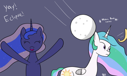 Size: 2000x1200 | Tagged: safe, artist:joey, princess celestia, princess luna, alicorn, pony, 2017 solar eclipse, descriptive noise, eclipse, female, jewelry, moon, simple background, text, tiara