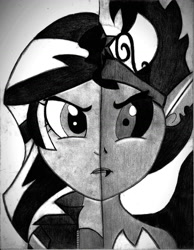 Size: 1275x1642 | Tagged: safe, artist:abstracted_vhs, sunset satan, sunset shimmer, equestria girls, big crown thingy, duality, element of magic, grayscale, jewelry, monochrome, pencil drawing, regalia, split screen, traditional art, two sides