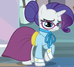 Size: 1140x1038 | Tagged: safe, screencap, rarity, pony, unicorn, school daze, clothes, cropped, cummerbund, eyeshadow, female, glasses, hair bun, horn, looking down, makeup, mare, outfit catalog, raised hoof, sash, schoolmarm rarity, shirt, skirt, solo, standing, teacher