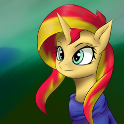 Size: 2362x2362 | Tagged: safe, artist:guatergau5, sunset shimmer, pony, unicorn, bust, clothes, female, mare, portrait, solo