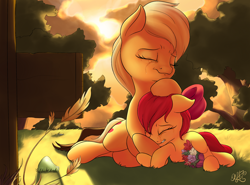 Size: 2700x2000 | Tagged: safe, artist:nobody47, apple bloom, applejack, earth pony, pony, crying, feels, flower, grave, sisters