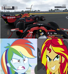 Size: 419x454 | Tagged: safe, edit, edited screencap, screencap, rainbow dash, sunset shimmer, equestria girls, collision, formula 1, formula 1 2019, game