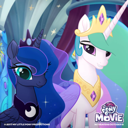 Size: 1200x1200 | Tagged: safe, edit, princess celestia, princess luna, alicorn, pony, my little pony: the movie, duo, female, folded wings, happy, lidded eyes, looking at you, mare, my little pony logo, smiling