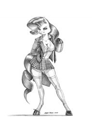 Size: 1055x1382 | Tagged: safe, artist:baron engel, rarity, anthro, unguligrade anthro, unicorn, breasts, cleavage, clothes, colored hooves, female, grayscale, mare, miniskirt, monochrome, pencil drawing, pleated skirt, school uniform, shoes, simple background, skirt, socks, solo, stockings, story included, thigh highs, traditional art, white background, zettai ryouiki