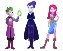 Size: 1337x1080 | Tagged: safe, artist:carnifex, pinkie pie, rarity, spike, fanfic:the journey, equestria girls, alternate timeline, commission, equestria girls-ified, fanfic art, fire magic, hair bun, human spike, magic, night maid rarity, nightmare takeover timeline, pinkamena diane pie, trio