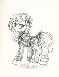Size: 900x1165 | Tagged: safe, artist:maytee, sunset shimmer, pony, unicorn, clothes, ear piercing, earring, female, grayscale, jacket, jewelry, looking back, mare, monochrome, pants, pencil drawing, piercing, solo, tail wrap, traditional art