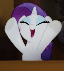 Size: 495x553 | Tagged: safe, screencap, rarity, pony, unicorn, my little pony: the movie, cropped, cute, eyes closed, female, happy, hooves up, mare, open mouth, raribetes, solo, time to be awesome