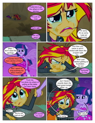 Size: 612x792 | Tagged: safe, artist:greatdinn, artist:newbiespud, edit, edited screencap, screencap, sunset shimmer, twilight sparkle, comic:friendship is dragons, equestria girls, equestria girls (movie), clothes, comic, crying, dialogue, female, holding hands, injured, looking up, screencap comic