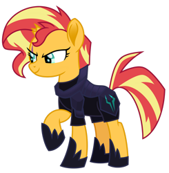 Size: 1024x1045 | Tagged: safe, artist:emeraldblast63, sunset shimmer, tempest shadow, pony, unicorn, my little pony: the movie, armor, broken horn, clothes swap, female, horn, mare, raised hoof, simple background, transparent background