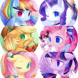 Size: 2048x2048 | Tagged: safe, artist:leafywind, derpibooru import, applejack, fluttershy, pinkie pie, rainbow dash, rarity, twilight sparkle, twilight sparkle (alicorn), alicorn, earth pony, pegasus, pony, unicorn, :p, apple, bow, bust, female, flower, food, hair bow, hat, high res, mane six, mare, one eye closed, portrait, smiling, starry eyes, tongue out, wingding eyes, wink