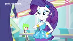 Size: 1920x1080 | Tagged: safe, screencap, blueberry cake, cherry crash, rarity, better together, equestria girls, pinkie pie: snack psychic, bracelet, jewelry, smiling, sweet snacks cafe, table