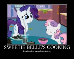Size: 750x600 | Tagged: safe, artist:crossoverprincess, edit, edited screencap, screencap, rarity, sweetie belle, pony, unicorn, sisterhooves social, cooking, food, motivational poster, sweetie belle can't cook, sweetie fail