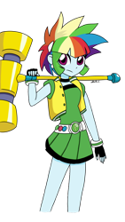 Size: 1280x2276 | Tagged: safe, artist:iamsheila, derpibooru import, rainbow dash, equestria girls, alternate hairstyle, anime style, belt, buttercup (powerpuff girls), clothes, cosplay, costume, crossover, cute, ear piercing, earring, hammer, jewelry, miniskirt, piercing, pleated skirt, powerpuff girls z, ribbon, simple background, skirt, the powerpuff girls, transparent background