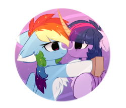 Size: 1026x879 | Tagged: safe, artist:little-sketches, derpibooru import, rainbow dash, twilight sparkle, twilight sparkle (alicorn), alicorn, pegasus, pony, alternate design, book, chest fluff, different colored horn, ear fluff, eye contact, female, floppy ears, lesbian, looking at each other, mare, pale belly, shipping, twidash