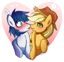 Size: 909x879 | Tagged: safe, artist:mimtii, applejack, oc, oc:constance everheart, earth pony, pony, >:3, biting, blushing, canon x oc, commission, everjack, heart, shipping, tongue bite