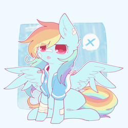 Size: 800x800 | Tagged: safe, artist:jisuppe, derpibooru import, rainbow dash, pegasus, pony, abstract background, bandage, bandaid, clothes, cute, dashabetes, ear fluff, female, jacket, mare, sitting, solo, spread wings, tongue out, wings