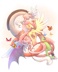 Size: 1280x1598 | Tagged: safe, artist:sony-shock, discord, fluttershy, butterfly, pegasus, pony, discoshy, female, flying, impossibly long tail, large wings, male, shipping, simple background, straight, transparent background