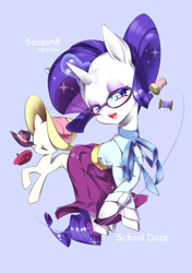 Size: 705x1000 | Tagged: safe, artist:nabebuta, rarity, pony, unicorn, school daze, blue background, clothes, female, glasses, hair bun, looking at you, mare, schoolmarm rarity, simple background, solo, teacher