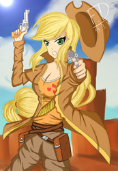 Size: 1800x2600 | Tagged: safe, artist:fluffydus, applejack, human, angry, bandolier, cleavage, clothes, cowboy hat, female, gun, hat, humanized, looking at you, revolver, satchel, solo