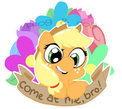 Size: 905x807 | Tagged: safe, artist:coggler, artist:frog&cog, artist:gopherfrog, applejack, earth pony, pony, banner, come at me bro, floral, flower, mouthpiece, rude, solo, subversive kawaii