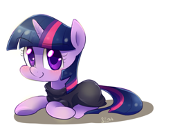 Size: 1000x800 | Tagged: safe, artist:sion-ara, derpibooru import, twilight sparkle, clothes, looking at you, lying, prone, simple background, smiling, solo