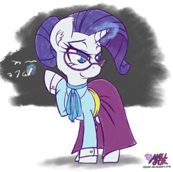 Size: 1000x992 | Tagged: safe, artist:iloota, rarity, pony, unicorn, school daze, chalk, chalkboard, clothes, ear fluff, female, glasses, glowing eyes, glowing horn, magic, mare, raised hoof, schoolmarm rarity, signature, smiling, solo, teacher, telekinesis, writing