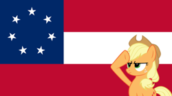 Size: 640x355 | Tagged: safe, applejack, earth pony, pony, confederate flag, cowboy hat, female, flag, hat, mare, mouthpiece, op is a cuck, op is trying to start shit, out of character, rainbow dash salutes, salute, solo
