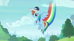 Size: 1920x1080 | Tagged: safe, derpibooru import, screencap, rainbow dash, pegasus, pony, 2 4 6 greaaat, coach rainbow dash, coaching cap, flying, rainbow dashs coaching whistle, rainbow trail, solo, whistle, whistle necklace, wings