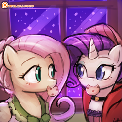 Size: 750x750 | Tagged: safe, artist:lumineko, flutterholly, fluttershy, merry, rarity, pegasus, pony, unicorn, a hearth's warming tail, clothes, colored pupils, cookie, cute, duo, eye contact, female, flarity, food, friendshipping, lesbian, looking at each other, lumineko is trying to murder us, mare, mouth hold, patreon, patreon logo, ponies with cookies, shipping