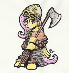 Size: 508x537 | Tagged: safe, artist:sensko, fluttershy, pegasus, pony, armor, axe, battle axe, helmet, horned helmet, pencil drawing, simple background, solo, traditional art, viking, war axe, weapon, white background