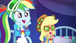 Size: 1920x1080 | Tagged: safe, derpibooru import, screencap, applejack, rainbow dash, accountibilibuddies, accountibilibuddies: rainbow dash, better together, choose your own ending, equestria girls, applejack's festival hat, applejack's sunglasses, bed, clothes, cowboy hat, cute, dashabetes, duo, duo female, fangirling, female, geode of super speed, geode of super strength, hat, implied dirk thistleweed, jackabetes, jacket, magical geodes, ponytail, shirt, smiling, squee, stetson, sunglasses, tent, visor, wristband