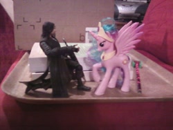 Size: 1280x960 | Tagged: safe, princess celestia, pony, action figure, aragorn, brushable, irl, kneeling, lord of the rings, photo, pinklestia, sword, toy, weapon