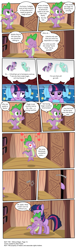 Size: 3479x11261 | Tagged: safe, artist:perfectblue97, derpibooru import, lyra heartstrings, spike, twilight sparkle, earth pony, pony, comic:without magic, bed, blank flank, book, bookshelf, comic, earth pony twilight, golden oaks library, pillow, pointy ponies, race swap