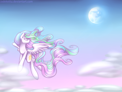 Size: 1024x768 | Tagged: safe, artist:jadekettu, nightmare moon, princess celestia, alicorn, pony, cloud, female, flying, looking back, mare, mare in the moon, moon, sky, solo