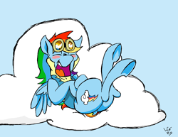 Size: 1744x1344 | Tagged: safe, artist:lucas_gaxiola, derpibooru import, rainbow dash, pegasus, pony, blush sticker, blushing, clothes, cloud, female, goggles, laughing, mare, on a cloud, on back, open mouth, signature, solo, underhoof, uniform, wonderbolt trainee uniform