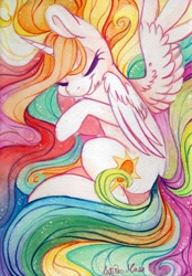 Size: 1697x2444 | Tagged: safe, artist:cutepencilcase, princess celestia, alicorn, pony, cute, cutelestia, cutie mark, female, long mane, mare, multicolored mane, multicolored tail, sleeping, smiling, solo, traditional art, watercolor painting, wings