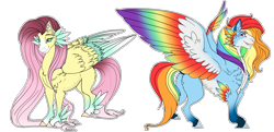 Size: 2776x1340 | Tagged: safe, artist:xxgrapehatzxx, derpibooru import, fluttershy, rainbow dash, pegasus, pony, colored wings, duo, feathered fetlocks, female, hooves, long mane, long tail, mare, missing cutie mark, multicolored wings, rainbow wings, smiling, smirk, wings