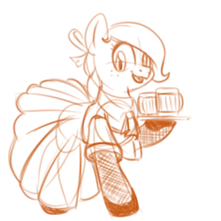 Size: 700x700 | Tagged: safe, artist:goat train, applejack, earth pony, pony, alternate hairstyle, clothes, dress, fishnet stockings, hoof hold, monochrome, mug, shoes, sketch, solo, tray