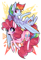 Size: 1000x1450 | Tagged: safe, artist:exxvus, derpibooru import, pinkie pie, rainbow dash, earth pony, pegasus, pony, duo, flying, smiling, surprised, wings