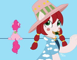 Size: 1280x1003 | Tagged: safe, artist:feralroku, pinkie pie, oc, oc:palette swap, earth pony, pony, behind, food, miss goldenweek, mouth hold, one piece, rice cracker, trembling