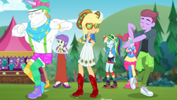 Size: 1920x1080 | Tagged: safe, derpibooru import, screencap, applejack, bulk biceps, pinkie pie, rainbow dash, starlight, accountibilibuddies, better together, choose your own ending, equestria girls, applejack's festival hat, applejack's sunglasses, background human, boots, clothes, cowboy boots, cowboy hat, dancing, female, hat, male, outdoors, shoes, shorts, visor