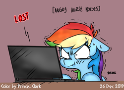 Size: 1111x810 | Tagged: safe, artist:princeclark, artist:xieril, color edit, derpibooru import, edit, rainbow dash, pegasus, pony, angry, angry horse noises, colored, computer, cute, descriptive noise, female, frustrated, horse noises, laptop computer, mare, scrunchy face, solo, tears of rage, teary eyes, trembling