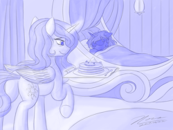 Size: 1024x768 | Tagged: safe, artist:novaintellus, princess celestia, princess luna, alicorn, pony, atg 2017, bed, breakfast in bed, duo, food, magic, monochrome, newbie artist training grounds, pancakes, plot, sisterly love, sleeping, telekinesis