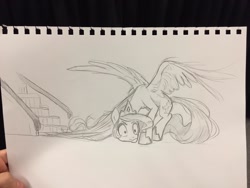 Size: 1280x960 | Tagged: safe, artist:imalou, princess celestia, alicorn, pony, escalator, female, mare, sketch, sketches from a hat, solo, spread wings, stuck, this will end in tears, traditional art, wings