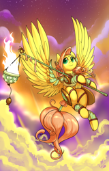 Size: 1000x1563 | Tagged: safe, artist:valcron, fluttershy, pegasus, pony, armor, cloud, ear piercing, earring, female, fire, flying, large wings, mare, piercing, smiling, solo, spread wings, tail wrap