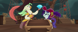 Size: 1920x804 | Tagged: safe, screencap, captain celaeno, rarity, anthro, parrot, pony, unicorn, my little pony: the movie, anthro with ponies, chest, cute, feather, gem, hat, jabot, jewel, parrot pirates, pirate, pirate hat, raribetes, time to be awesome, treasure chest, tricorne