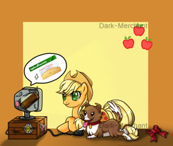 Size: 900x758 | Tagged: safe, artist:kuraidraws, applejack, winona, dog, earth pony, pony, computer, computer mouse, crate, female, mare, monitor, pet, smiling