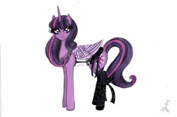 Size: 3016x1989 | Tagged: safe, artist:angel-gotic, twilight sparkle, twilight sparkle (alicorn), alicorn, pony, 2013, clothes, corset, cutie mark, ear piercing, earring, female, garter belt, garters, horn, jewelry, mascara, necklace, piercing, signature, simple background, solo, stockings, tail, thigh highs, traditional art, wings